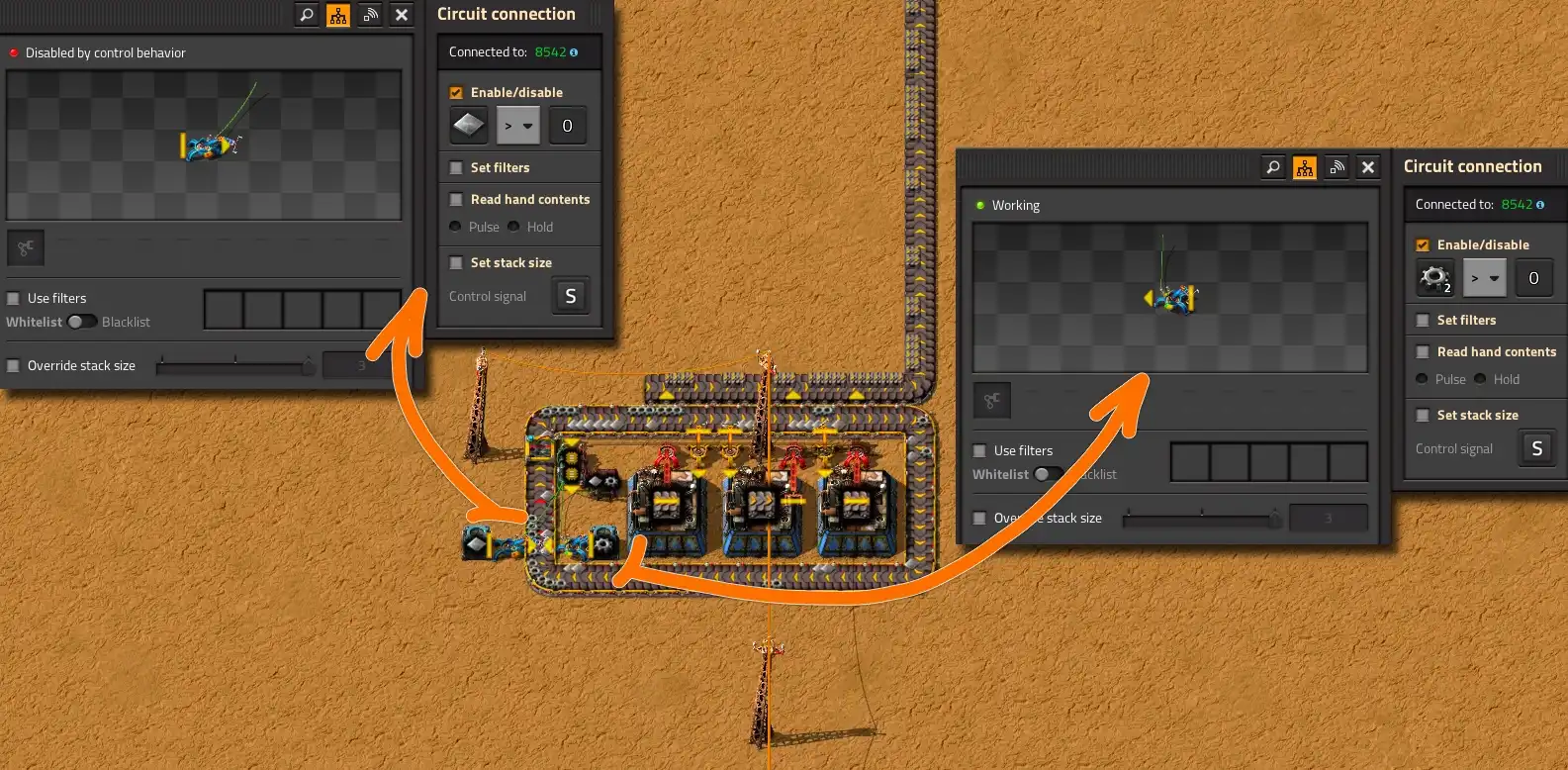 Объединение множеств на манипуляторах в Factorio