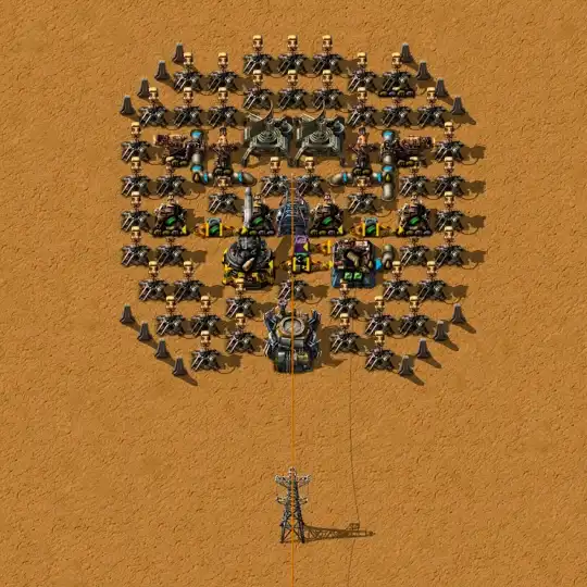 Маленький форпост в Factorio, два радара, много пушек