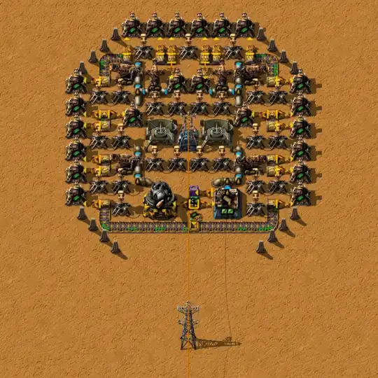 Маленький форпост в Factorio, два радара, много пулемётных турелей