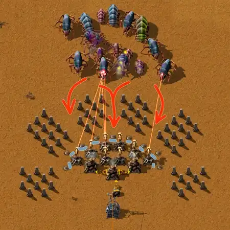 Направление атаки стенами на мины в Factorio