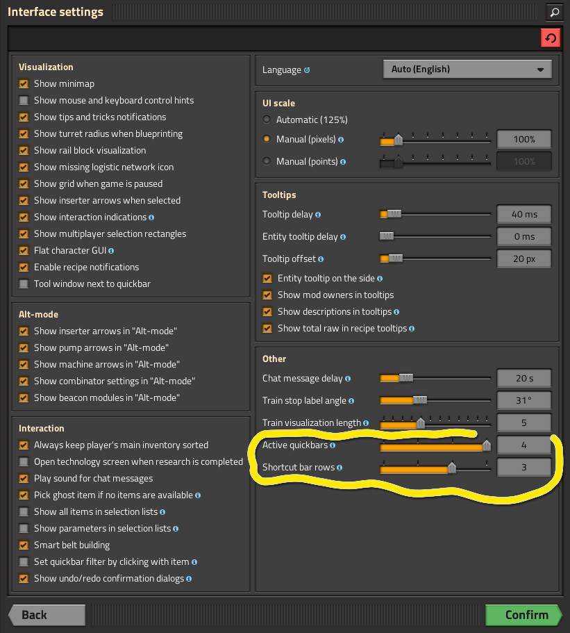 Factorio game panel settings