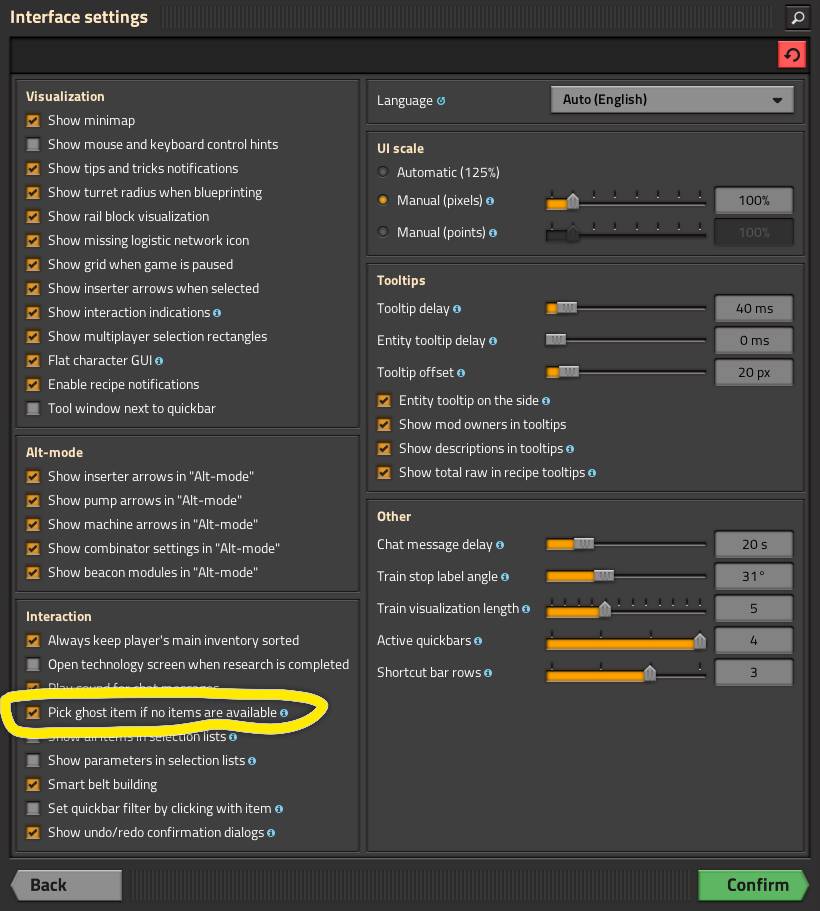 Factorio game panel settings